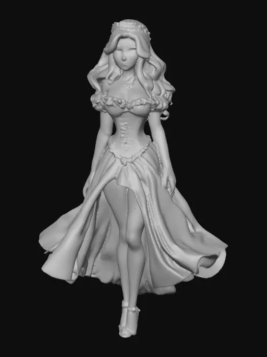 3D model for Sultry Goldilocks" a glamorous reimagining of the classic fairy tale character. This aesthetic often blends the traditional yellow and blue color palette with modern elements like bold makeup, elaborate blonde styling, or high-fashion photography she is wearing a laced up bodice and a full skirt very sultry looking figure