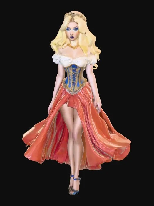 3D model for Sultry Goldilocks" a glamorous reimagining of the classic fairy tale character. This aesthetic often blends the traditional yellow and blue color palette with modern elements like bold makeup, elaborate blonde styling, or high-fashion photography she is wearing a laced up bodice and a full skirt very sultry looking figure