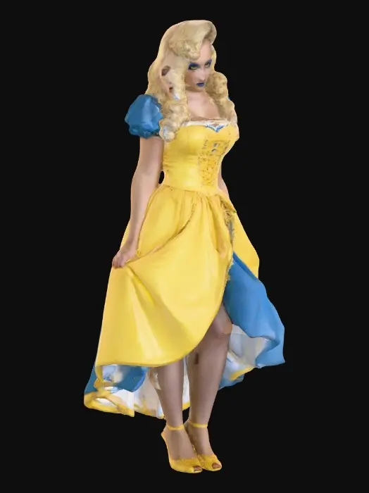 3D model for Sultry Goldilocks" a glamorous reimagining of the classic fairy tale character. This aesthetic often blends the traditional yellow and blue color palette with modern elements like bold makeup, elaborate blonde styling, or high-fashion photography she is wearing a laced up bodice and a full skirt very sultry looking figure