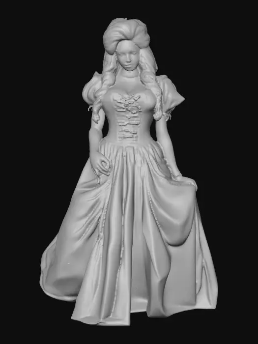 3D model for Sultry Goldilocks" a glamorous reimagining of the classic fairy tale character. This aesthetic often blends the traditional yellow and blue color palette with modern elements like bold makeup, elaborate blonde styling, or high-fashion photography she is wearing a laced up bodice and a full skirt very sultry looking figure