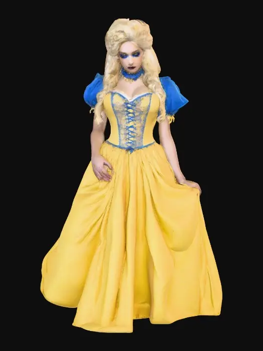 3D model for Sultry Goldilocks" a glamorous reimagining of the classic fairy tale character. This aesthetic often blends the traditional yellow and blue color palette with modern elements like bold makeup, elaborate blonde styling, or high-fashion photography she is wearing a laced up bodice and a full skirt very sultry looking figure