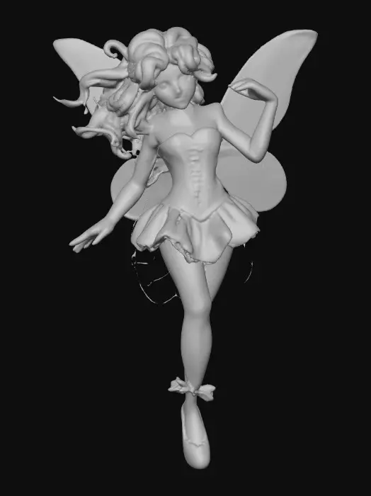 3D model for A porcelain figurine, on a plain crisp white background in the center is a plump, sultry sexy dancing fairy, wearing ribboned ballet shoes, with long luscious curly purple colored hair in the punk rock style, her wings are made from thick etched porcelain. her hands are beautifully manicured, her blouse resembles a Victorian corset of purple violet velvet, while the skirt is a thin clear porcelain translucent skirt, overlaying the skirt are thin porcelain cascading flowers and leaves