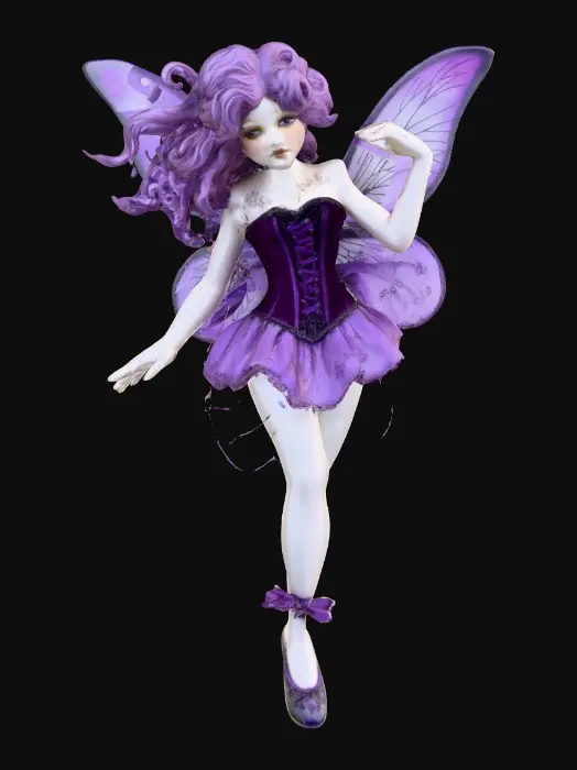 3D model for A porcelain figurine, on a plain crisp white background in the center is a plump, sultry sexy dancing fairy, wearing ribboned ballet shoes, with long luscious curly purple colored hair in the punk rock style, her wings are made from thick etched porcelain. her hands are beautifully manicured, her blouse resembles a Victorian corset of purple violet velvet, while the skirt is a thin clear porcelain translucent skirt, overlaying the skirt are thin porcelain cascading flowers and leaves
