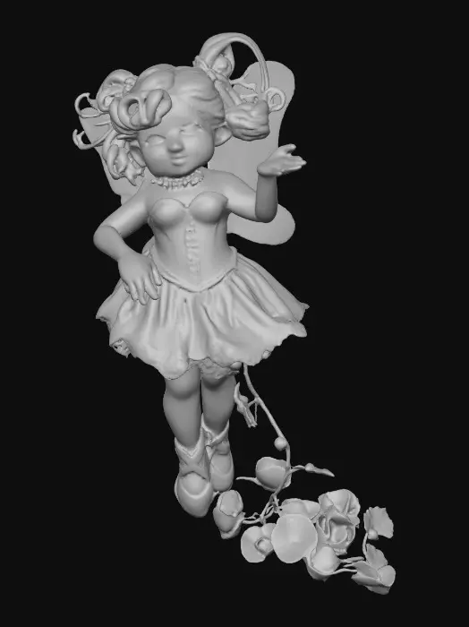 3D model for A porcelain figurine, on a plain crisp white background in the center is a plump, sultry sexy dancing fairy, wearing ribboned ballet shoes, with long luscious curly purple colored hair in the punk rock style, her wings are made from thick etched porcelain. her hands are beautifully manicured, her blouse resembles a Victorian corset of purple violet velvet, while the skirt is a thin clear porcelain translucent skirt, overlaying the skirt are thin porcelain cascading flowers and leaves