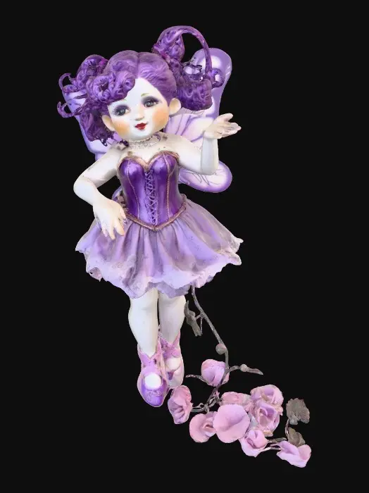 3D model for A porcelain figurine, on a plain crisp white background in the center is a plump, sultry sexy dancing fairy, wearing ribboned ballet shoes, with long luscious curly purple colored hair in the punk rock style, her wings are made from thick etched porcelain. her hands are beautifully manicured, her blouse resembles a Victorian corset of purple violet velvet, while the skirt is a thin clear porcelain translucent skirt, overlaying the skirt are thin porcelain cascading flowers and leaves