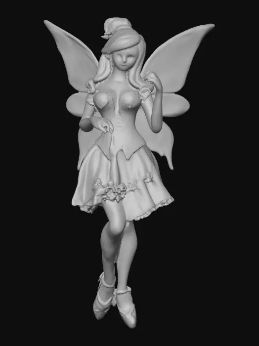 3D model for A porcelain figurine, on a plain crisp white background in the center is a plump, sultry sexy dancing fairy, wearing ribboned ballet shoes, with long luscious curly purple colored hair in the punk rock style, her wings are made from thick etched porcelain. her hands are beautifully manicured, her blouse resembles a Victorian corset of purple violet velvet, while the skirt is a thin clear porcelain translucent skirt, overlaying the skirt are thin porcelain cascading flowers and leaves