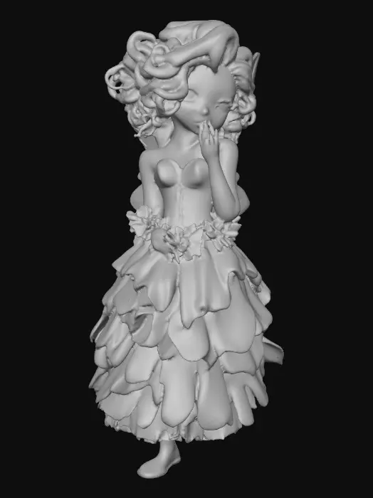 3D model for A porcelain figurine, on a plain crisp white background in the center is a plump, sultry sexy dancing fairy, wearing ribboned ballet shoes, with long luscious curly purple colored hair in the punk rock style, her wings are made from thick etched porcelain. her hands are beautifully manicured, her blouse resembles a Victorian corset of purple violet velvet, while the skirt is a thin clear porcelain translucent skirt, overlaying the skirt are thin porcelain cascading flowers and leaves