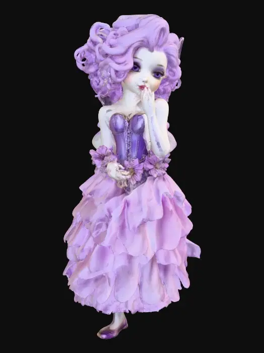 3D model for A porcelain figurine, on a plain crisp white background in the center is a plump, sultry sexy dancing fairy, wearing ribboned ballet shoes, with long luscious curly purple colored hair in the punk rock style, her wings are made from thick etched porcelain. her hands are beautifully manicured, her blouse resembles a Victorian corset of purple violet velvet, while the skirt is a thin clear porcelain translucent skirt, overlaying the skirt are thin porcelain cascading flowers and leaves