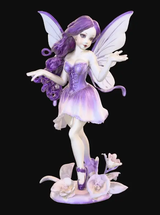 3D model for A porcelain figurine, on a plain crisp white background in the center is a plump, sultry sexy dancing fairy, wearing ribboned ballet shoes, with long luscious curly purple colored hair in the punk rock style, her wings are made from thick etched porcelain. her hands are beautifully manicured, her blouse resembles a Victorian corset of purple violet velvet, while the skirt is a thin clear porcelain translucent skirt, overlaying the skirt are thin porcelain cascading flowers and leaves
