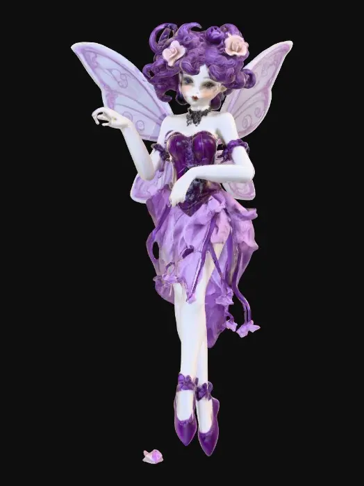 3D model for A porcelain figurine, on a plain crisp white background in the center is a plump, sultry sexy dancing fairy, wearing ribboned ballet shoes, with long luscious curly purple colored hair in the punk rock style, her wings are made from thick etched porcelain. her hands are beautifully manicured, her blouse resembles a Victorian corset of purple violet velvet, while the skirt is a thin clear porcelain translucent skirt, overlaying the skirt are thin porcelain cascading flowers and leaves