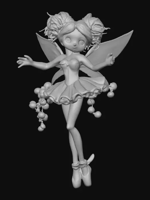 3D model for A porcelain figurine, on a plain crisp white background in the center is a plump, sultry sexy dancing fairy, wearing ribboned ballet shoes, with long luscious curly purple colored hair in the punk rock style, her wings are made from thick etched porcelain. her hands are beautifully manicured, her blouse resembles a Victorian corset of purple violet velvet, while the skirt is a thin clear porcelain translucent skirt, overlaying the skirt are thin porcelain cascading flowers and leaves