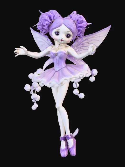 3D model for A porcelain figurine, on a plain crisp white background in the center is a plump, sultry sexy dancing fairy, wearing ribboned ballet shoes, with long luscious curly purple colored hair in the punk rock style, her wings are made from thick etched porcelain. her hands are beautifully manicured, her blouse resembles a Victorian corset of purple violet velvet, while the skirt is a thin clear porcelain translucent skirt, overlaying the skirt are thin porcelain cascading flowers and leaves