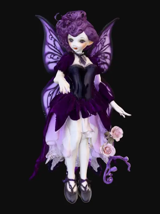 3D model for A porcelain figurine, on a plain crisp white background in the center is a plump, sultry sexy dancing fairy, wearing ribboned ballet shoes, with long luscious curly purple colored hair in the punk rock style, her wings are made from thick etched porcelain. her hands are beautifully manicured, her blouse resembles a Victorian corset of purple violet velvet, while the skirt is a thin clear porcelain translucent skirt, overlaying the skirt are thin porcelain cascading flowers and leaves