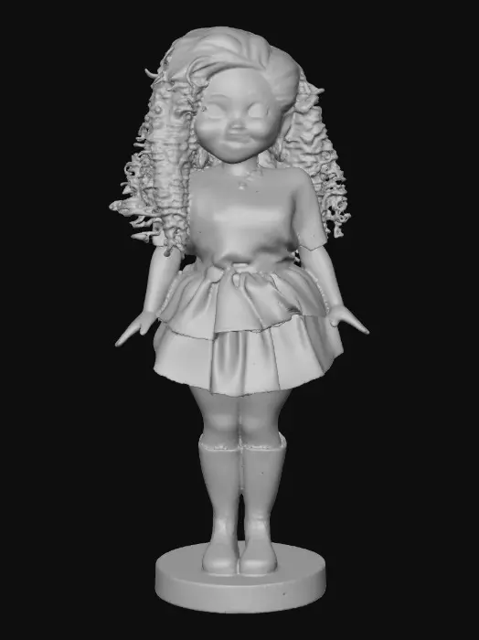 3D model for The plump Latina doll has luminous black curly hair. she has very large brown eyes with thick dark eyelashes. her head is thrown back as She is laughing with joy as she sits on a round base. She is wearing a corset type red satin top with a full ruffled polka-dots skirt. She has cute black boots. and a red velvet bow in her hair.