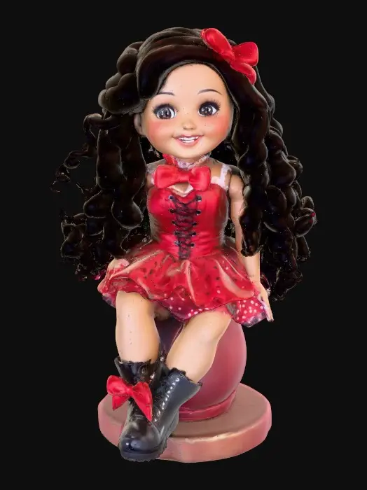 3D model for The plump Latina doll has luminous black curly hair. she has very large brown eyes with thick dark eyelashes. her head is thrown back as She is laughing with joy as she sits on a round base. She is wearing a corset type red satin top with a full ruffled polka-dots skirt. She has cute black boots. and a red velvet bow in her hair.