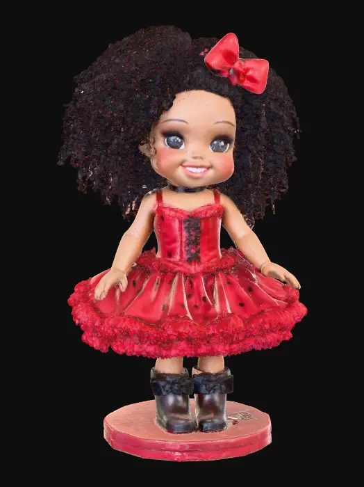 3D model for The plump Latina doll has luminous black curly hair. she has very large brown eyes with thick dark eyelashes. her head is thrown back as She is laughing with joy as she sits on a round base. She is wearing a corset type red satin top with a full ruffled polka-dots skirt. She has cute black boots. and a red velvet bow in her hair.