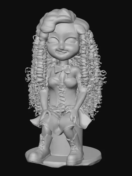 3D model for The plump Latina doll has luminous black curly hair. she has very large brown eyes with thick dark eyelashes. her head is thrown back as She is laughing with joy as she sits on a round base. She is wearing a corset type red satin top with a full ruffled polka-dots skirt. She has cute black boots. and a red velvet bow in her hair.