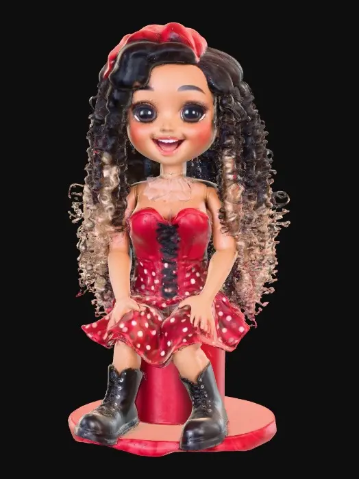 3D model for The plump Latina doll has luminous black curly hair. she has very large brown eyes with thick dark eyelashes. her head is thrown back as She is laughing with joy as she sits on a round base. She is wearing a corset type red satin top with a full ruffled polka-dots skirt. She has cute black boots. and a red velvet bow in her hair.