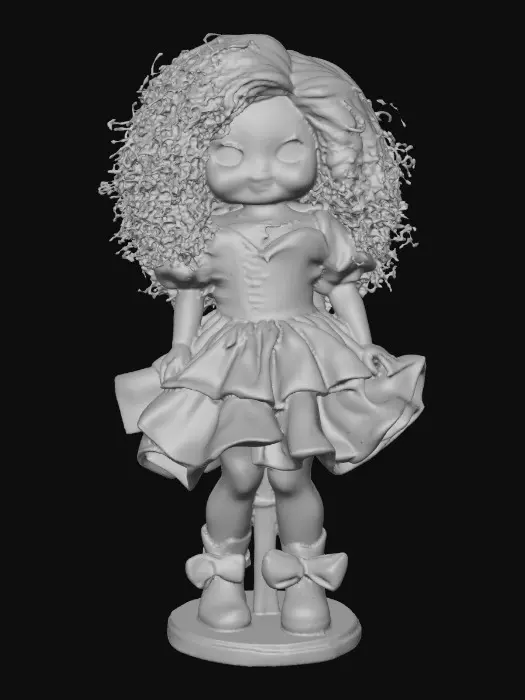 3D model for The plump Latina doll has luminous black curly hair. she has very large brown eyes with thick dark eyelashes. her head is thrown back as She is laughing with joy as she sits on a round base. She is wearing a corset type red satin top with a full ruffled polka-dots skirt. She has cute black boots. and a red velvet bow in her hair.