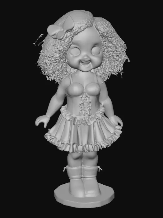 3D model for The plump Latina doll has luminous black curly hair. she has very large brown eyes with thick dark eyelashes. her head is thrown back as She is laughing with joy as she sits on a round base. She is wearing a corset type red satin top with a full ruffled polka-dots skirt. She has cute black boots. and a red velvet bow in her hair.