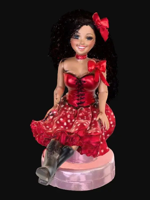 3D model for The plump Latina doll has luminous black curly hair. she has very large brown eyes with thick dark eyelashes. her head is thrown back as She is laughing with joy as she sits on a round base. She is wearing a corset type red satin top with a full ruffled polka-dots skirt. She has cute black boots. and a red velvet bow in her hair.