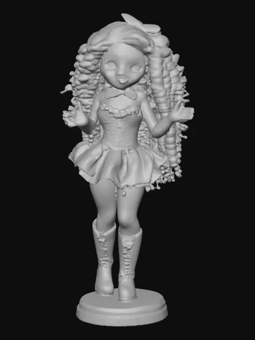 3D model for The plump Latina doll has luminous black curly hair. she has very large brown eyes with thick dark eyelashes. her head is thrown back as She is laughing with joy as she sits on a round base. She is wearing a corset type red satin top with a full ruffled polka-dots skirt. She has cute black boots. and a red velvet bow in her hair.