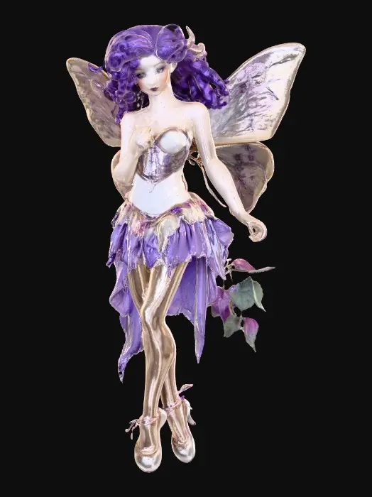 3D model for A porcelain figurine, on a plain crisp white background in the center is a plump, sultry sexy dancing fairy, wearing ribboned ballet shoes, with long luscious curly purple colored hair in the punk rock style, her wings are made from thick etched porcelain. her hands are beautifully manicured, her blouse resembles a Victorian corset of purple violet velvet, while the skirt is a thin clear porcelain translucent skirt, overlaying the skirt are thin porcelain cascading flowers and leaves