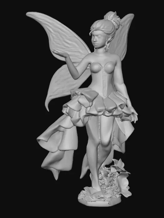3D model for A porcelain figurine, on a plain crisp white background in the center is a plump, sultry sexy dancing fairy, wearing ribboned ballet shoes, with long luscious curly purple colored hair in the punk rock style, her wings are made from thick etched porcelain. her hands are beautifully manicured, her blouse resembles a Victorian corset of purple violet velvet, while the skirt is a thin clear porcelain translucent skirt, overlaying the skirt are thin porcelain cascading flowers and leaves