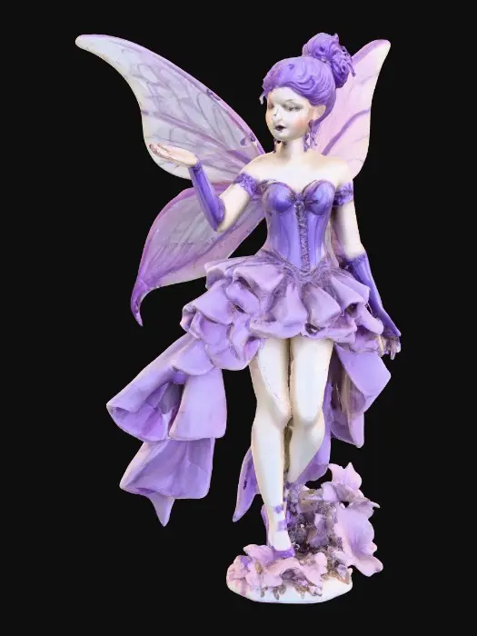 3D model for A porcelain figurine, on a plain crisp white background in the center is a plump, sultry sexy dancing fairy, wearing ribboned ballet shoes, with long luscious curly purple colored hair in the punk rock style, her wings are made from thick etched porcelain. her hands are beautifully manicured, her blouse resembles a Victorian corset of purple violet velvet, while the skirt is a thin clear porcelain translucent skirt, overlaying the skirt are thin porcelain cascading flowers and leaves