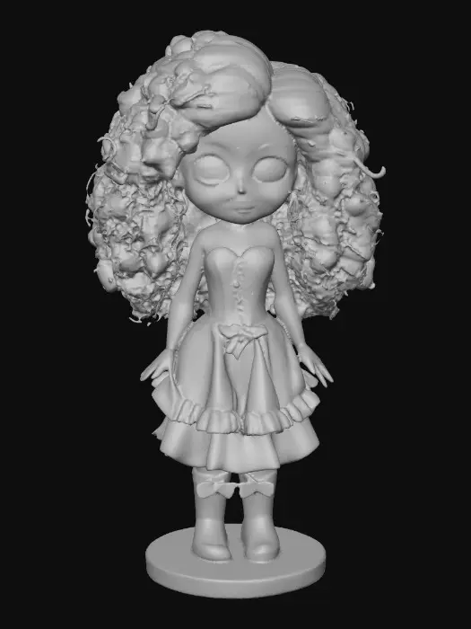 3D model for The plump Latina doll has luminous black curly hair. she has very large brown eyes with thick dark eyelashes. her head is thrown back as She is laughing with joy as she sits on a round base. She is wearing a corset type red satin top with a full ruffled polka-dots skirt. She has cute black boots. and a red velvet bow in her hair.