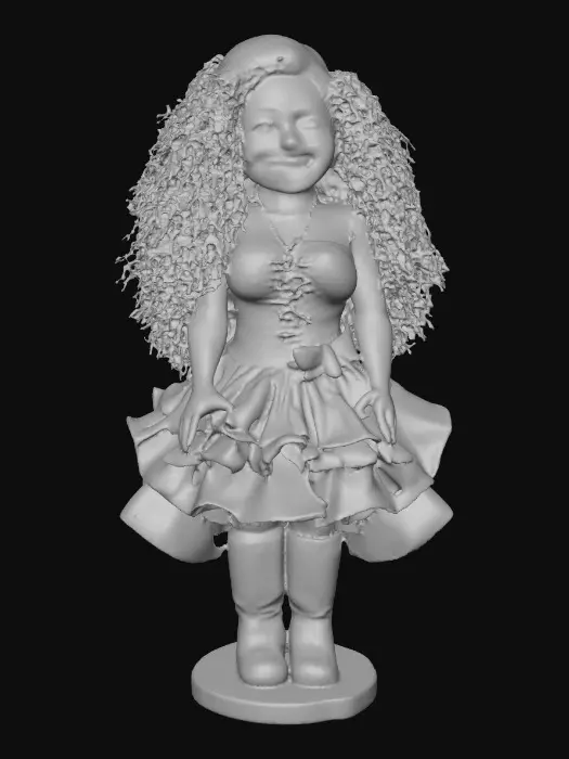 3D model for The plump Latina doll has luminous black curly hair. she has very large brown eyes with thick dark eyelashes. her head is thrown back as She is laughing with joy as she sits on a round base. She is wearing a corset type red satin top with a full ruffled polka-dots skirt. She has cute black boots. and a red velvet bow in her hair.