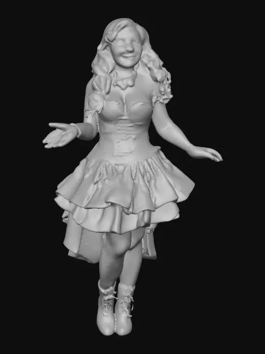 3D model for The plump Latina doll has luminous black curly hair. she has very large brown eyes with thick dark eyelashes. her head is thrown back as She is laughing with joy as she sits on a round base. She is wearing a corset type red satin top with a full ruffled polka-dots skirt. She has cute black boots. and a red velvet bow in her hair.