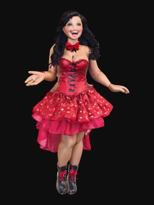 3D model for The plump Latina doll has luminous black curly hair. she has very large brown eyes with thick dark eyelashes. her head is thrown back as She is laughing with joy as she sits on a round base. She is wearing a corset type red satin top with a full ruffled polka-dots skirt. She has cute black boots. and a red velvet bow in her hair.