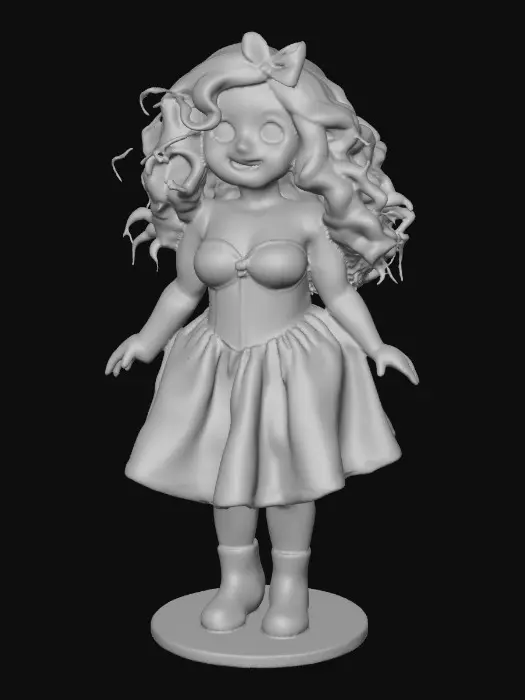 3D model for The plump Latina doll has luminous black curly hair. she has very large brown eyes with thick dark eyelashes. her head is thrown back as She is laughing with joy as she sits on a round base. She is wearing a corset type red satin top with a full ruffled polka-dots skirt. She has cute black boots. and a red velvet bow in her hair.