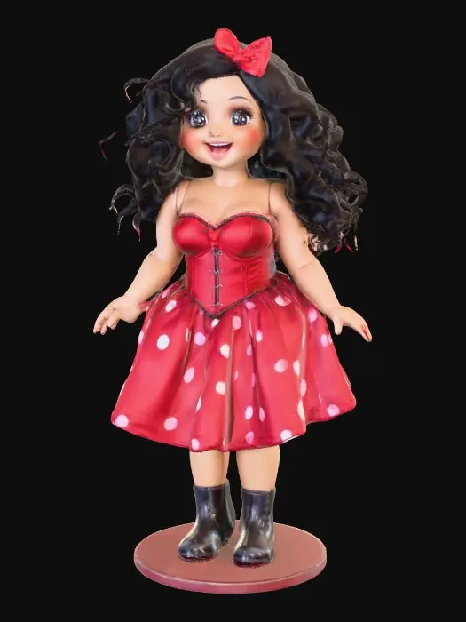 3D model for The plump Latina doll has luminous black curly hair. she has very large brown eyes with thick dark eyelashes. her head is thrown back as She is laughing with joy as she sits on a round base. She is wearing a corset type red satin top with a full ruffled polka-dots skirt. She has cute black boots. and a red velvet bow in her hair.