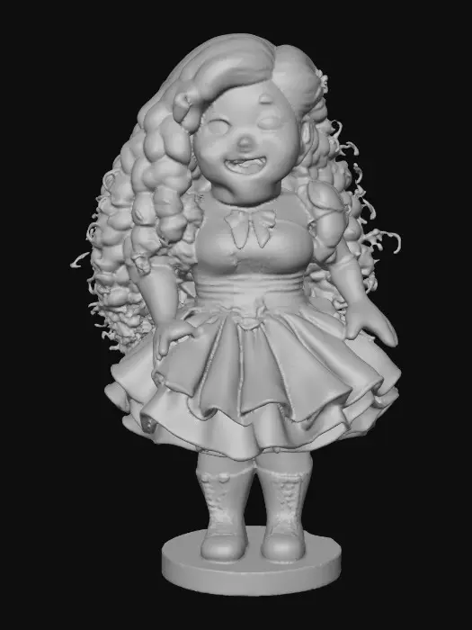 3D model for The plump Latina doll has luminous black curly hair. she has very large brown eyes with thick dark eyelashes. her head is thrown back as She is laughing with joy as she sits on a round base. She is wearing a corset type red satin top with a full ruffled polka-dots skirt. She has cute black boots. and a red velvet bow in her hair.