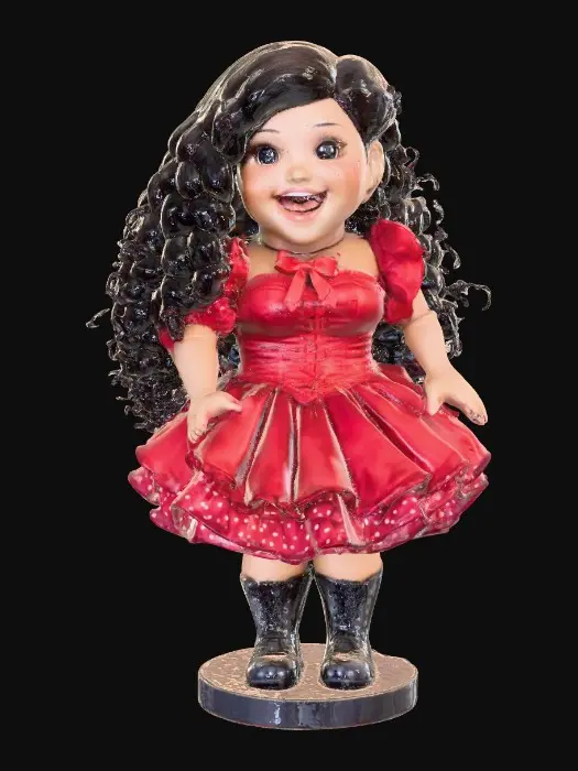 3D model for The plump Latina doll has luminous black curly hair. she has very large brown eyes with thick dark eyelashes. her head is thrown back as She is laughing with joy as she sits on a round base. She is wearing a corset type red satin top with a full ruffled polka-dots skirt. She has cute black boots. and a red velvet bow in her hair.