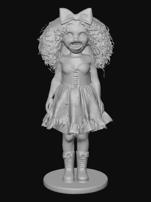 3D model for The plump Latina doll has luminous black curly hair. she has very large brown eyes with thick dark eyelashes. her head is thrown back as She is laughing with joy as she sits on a round base. She is wearing a corset type red satin top with a full ruffled polka-dots skirt. She has cute black boots. and a red velvet bow in her hair.