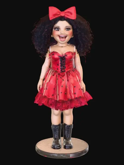 3D model for The plump Latina doll has luminous black curly hair. she has very large brown eyes with thick dark eyelashes. her head is thrown back as She is laughing with joy as she sits on a round base. She is wearing a corset type red satin top with a full ruffled polka-dots skirt. She has cute black boots. and a red velvet bow in her hair.