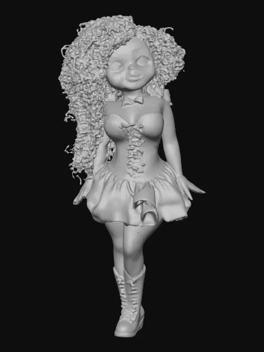 3D model for The plump Latina doll has luminous black curly hair. she has very large brown eyes with thick dark eyelashes. her head is thrown back as She is laughing with joy as she sits on a round base. She is wearing a corset type red satin top with a full ruffled polka-dots skirt. She has cute black boots. and a red velvet bow in her hair.