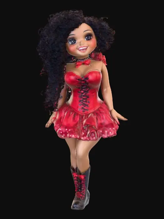 3D model for The plump Latina doll has luminous black curly hair. she has very large brown eyes with thick dark eyelashes. her head is thrown back as She is laughing with joy as she sits on a round base. She is wearing a corset type red satin top with a full ruffled polka-dots skirt. She has cute black boots. and a red velvet bow in her hair.