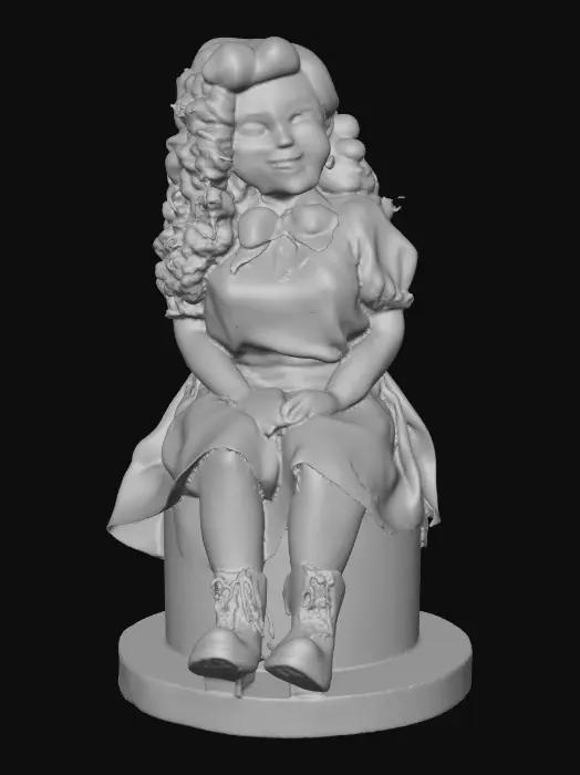 3D model for The plump Latina doll has luminous black curly hair. she has very large brown eyes with thick dark eyelashes. her head is thrown back as She is laughing with joy as she sits on a round base. She is wearing a corset type red satin top with a full ruffled polka-dots skirt. She has cute black boots. and a red velvet bow in her hair.