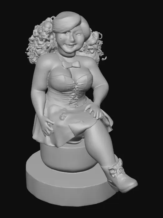 3D model for The plump Latina doll has luminous black curly hair. she has very large brown eyes with thick dark eyelashes. her head is thrown back as She is laughing with joy as she sits on a round base. She is wearing a corset type red satin top with a full ruffled polka-dots skirt. She has cute black boots. and a red velvet bow in her hair.