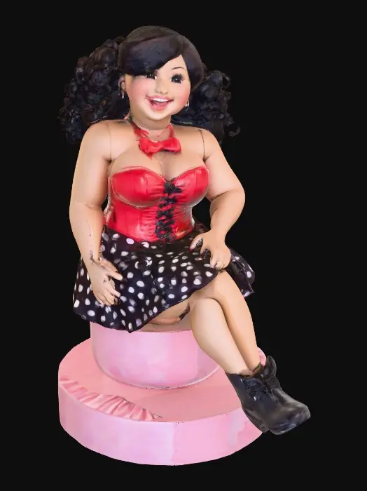 3D model for The plump Latina doll has luminous black curly hair. she has very large brown eyes with thick dark eyelashes. her head is thrown back as She is laughing with joy as she sits on a round base. She is wearing a corset type red satin top with a full ruffled polka-dots skirt. She has cute black boots. and a red velvet bow in her hair.