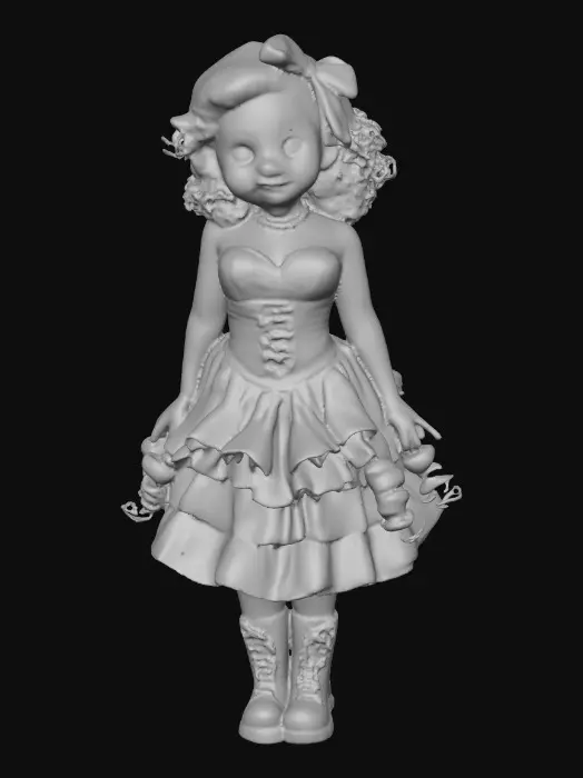 3D model for The plump Latina doll has luminous black curly hair. she has very large brown eyes with thick dark eyelashes. her head is thrown back as She is laughing with joy as she sits on a round base. She is wearing a corset type red satin top with a full ruffled polka-dots skirt. She has cute black boots. and a red velvet bow in her hair.
