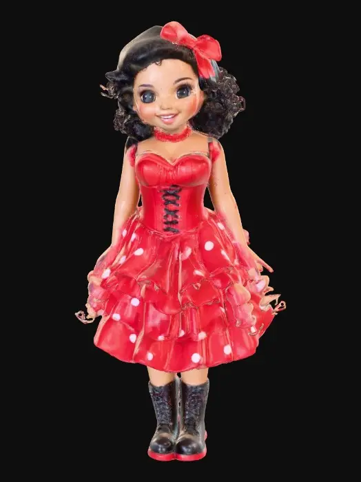 3D model for The plump Latina doll has luminous black curly hair. she has very large brown eyes with thick dark eyelashes. her head is thrown back as She is laughing with joy as she sits on a round base. She is wearing a corset type red satin top with a full ruffled polka-dots skirt. She has cute black boots. and a red velvet bow in her hair.