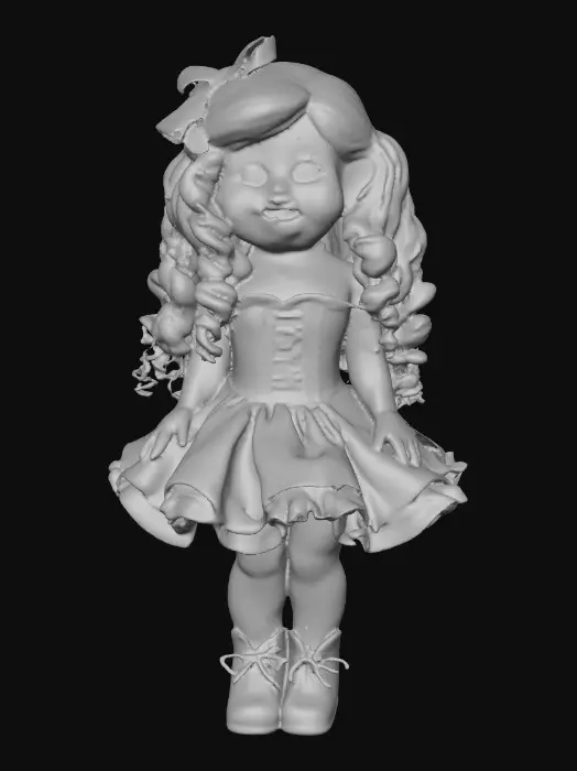 3D model for against a pure white background a plump porcelain doll. The plump doll has bright red orange curly hair. she has very large blue/violet eyes with thick dark eyelashes. her head is thrown back as She is laughing with joy as she sits on a round base. She is wearing a corset type blue satin top with a full ruffled polka-dots skirt. She has cute black boots. and a black bow in her hair.
