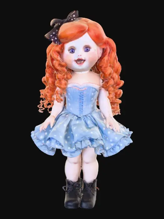 3D model for against a pure white background a plump porcelain doll. The plump doll has bright red orange curly hair. she has very large blue/violet eyes with thick dark eyelashes. her head is thrown back as She is laughing with joy as she sits on a round base. She is wearing a corset type blue satin top with a full ruffled polka-dots skirt. She has cute black boots. and a black bow in her hair.