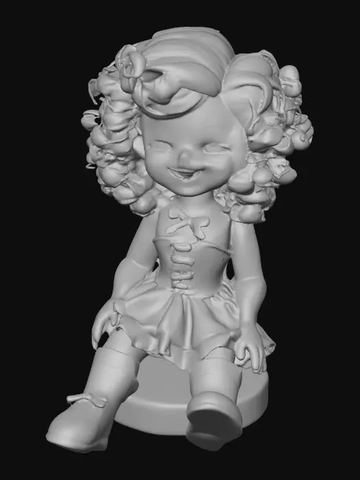 3D model for against a pure white background a plump porcelain doll. The plump doll has bright red orange curly hair. she has very large blue/violet eyes with thick dark eyelashes. her head is thrown back as She is laughing with joy as she sits on a round base. She is wearing a corset type blue satin top with a full ruffled polka-dots skirt. She has cute black boots. and a black bow in her hair.