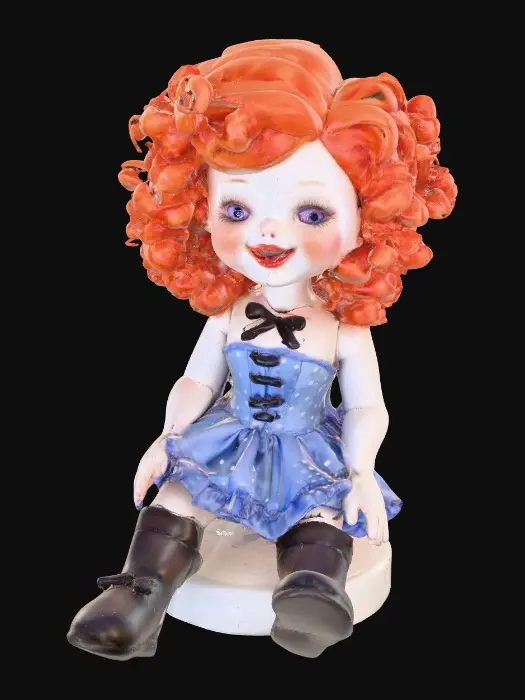 3D model for against a pure white background a plump porcelain doll. The plump doll has bright red orange curly hair. she has very large blue/violet eyes with thick dark eyelashes. her head is thrown back as She is laughing with joy as she sits on a round base. She is wearing a corset type blue satin top with a full ruffled polka-dots skirt. She has cute black boots. and a black bow in her hair.